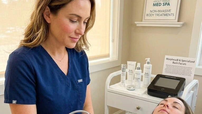 A practitioner positioning a body contouring applicator on a reclining client in the treatment room.