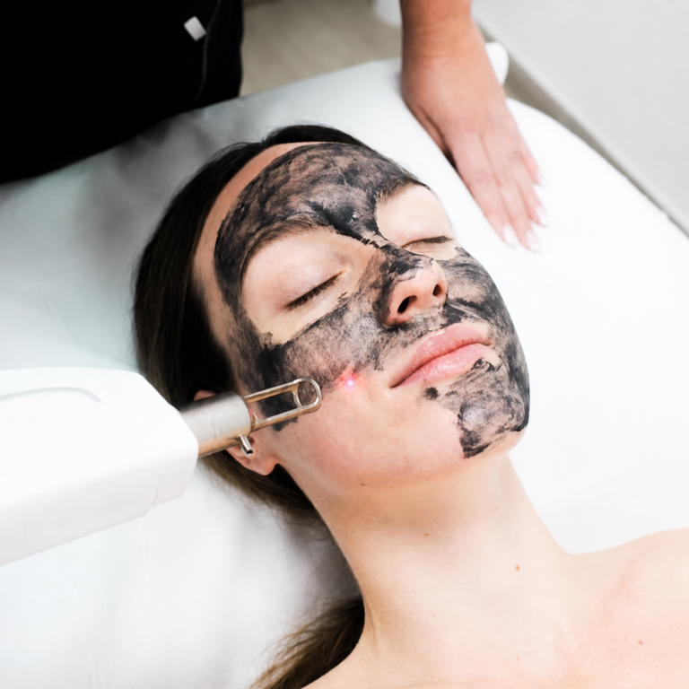 A client receiving a carbon peel, with the black carbon mask applied to her face