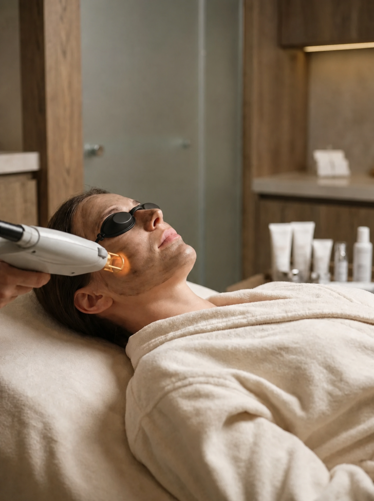 A client receiving Hollywood Laser Carbon Peel treatment