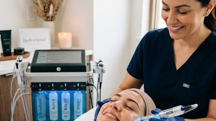 A practitioner performing a HydraFacial on a reclining client, with the serum canisters of the HydraFacial system visible behind.