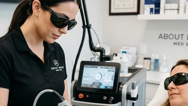 A laser hair removal system on its stand in the treatment room, with the practitioner in protective eyewear beside it.