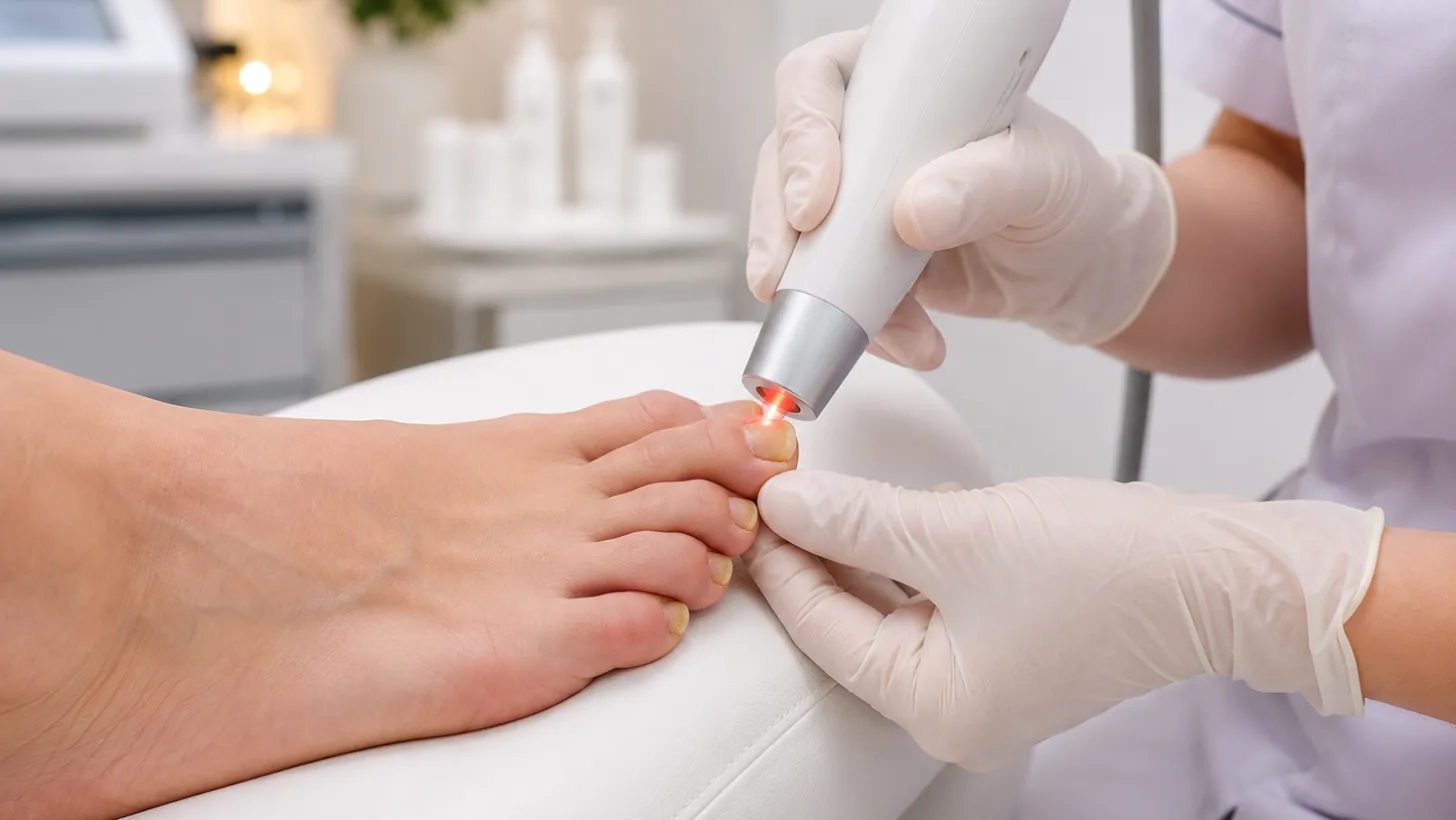 A gloved practitioner directing a laser handpiece at the toenails of a client’s foot in a treatment room.