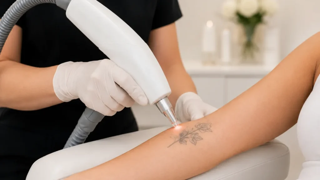 Aesthtician directing a laser handpiece at a small tattoo on a client’s forearm.