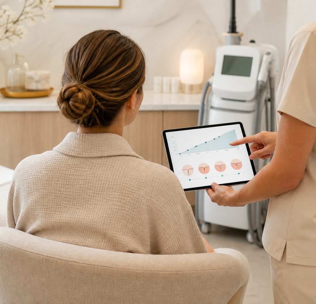 A client reviewing a skin assessment on a tablet during a consultation