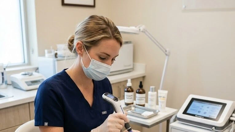 A masked practitioner performing a microneedling treatment on a reclining client with a handheld pen device.
