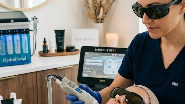 A practitioner in About Image Med Spa scrubs operating the Morpheus8 device beside a client wearing protective eyewear.