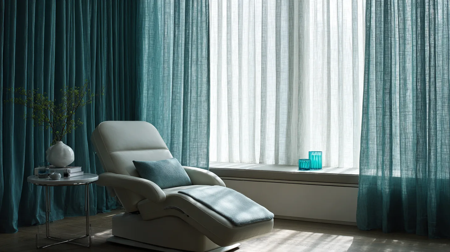 A quiet aesthetic treatment room with a reclined treatment chair, soft daylight through linen curtains and deep teal furnishings.
