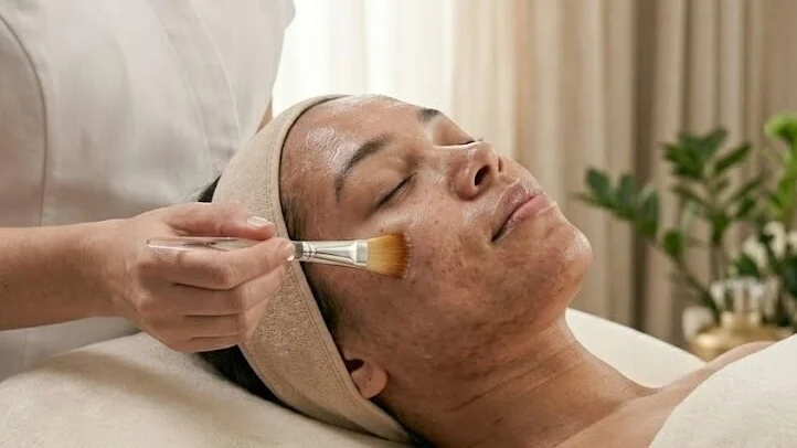 A gloved practitioner brushing a chemical peel solution across a reclining client’s face.