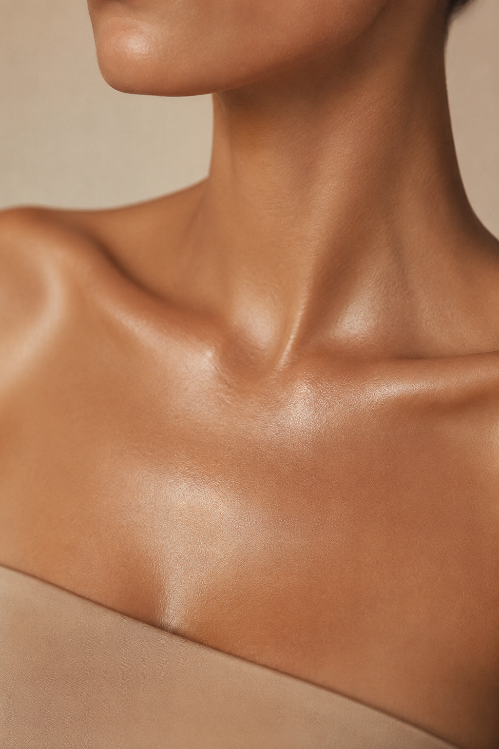 Even skin tone across the collarbone and chest
