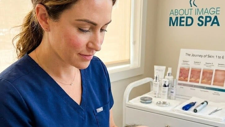 A practitioner reviewing skin care options with a client beside a skin analysis display in the About Image Med Spa treatment room.